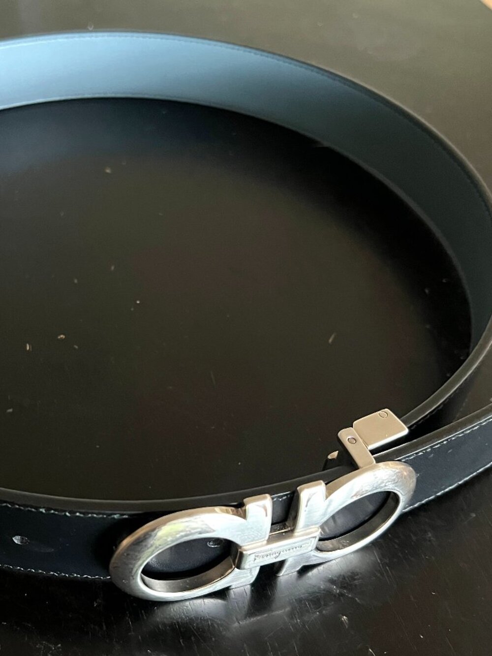 Salvatore Ferragamo Double Gancini Leather Belt Silver Buckle Black 31" Italy